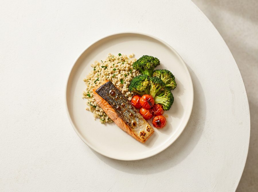 A plated meal of salmon, quinoa and vegetables